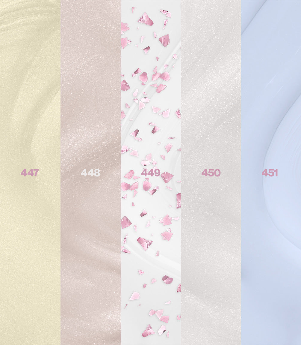 Five vertical strips with pastel colours and glittering effects, numbered 447 to 451, middle one with pink shards.
