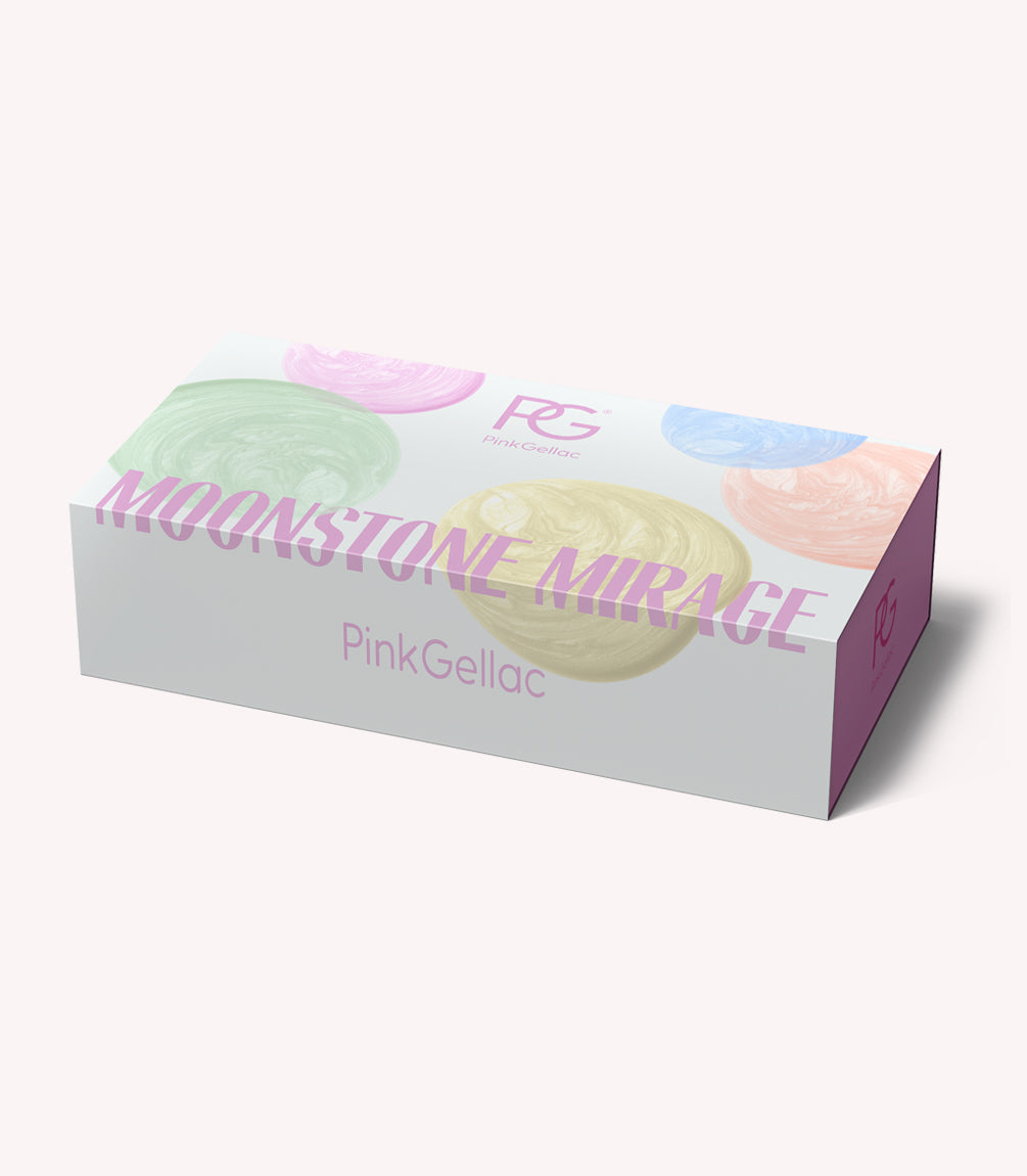 A white box with the text "MOONSTONE MIRAGE" and "Pink Gellac" in purple letters, with colored circle patterns in the background.
