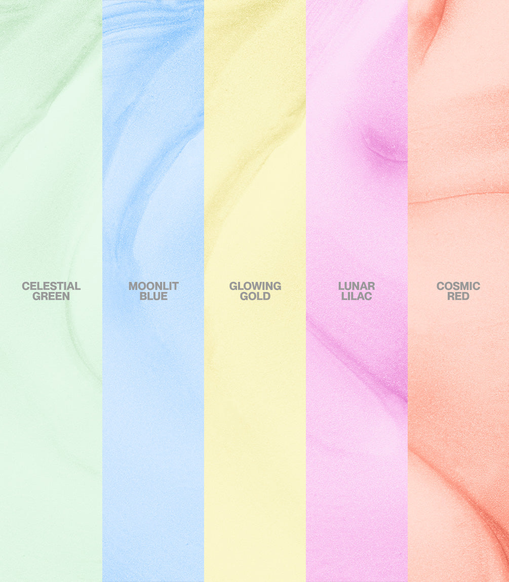 Five colorful vertical stripes: green, blue, gold, lilac, red. Each with caption: Celestial Green, Moonlit Blue, etc.