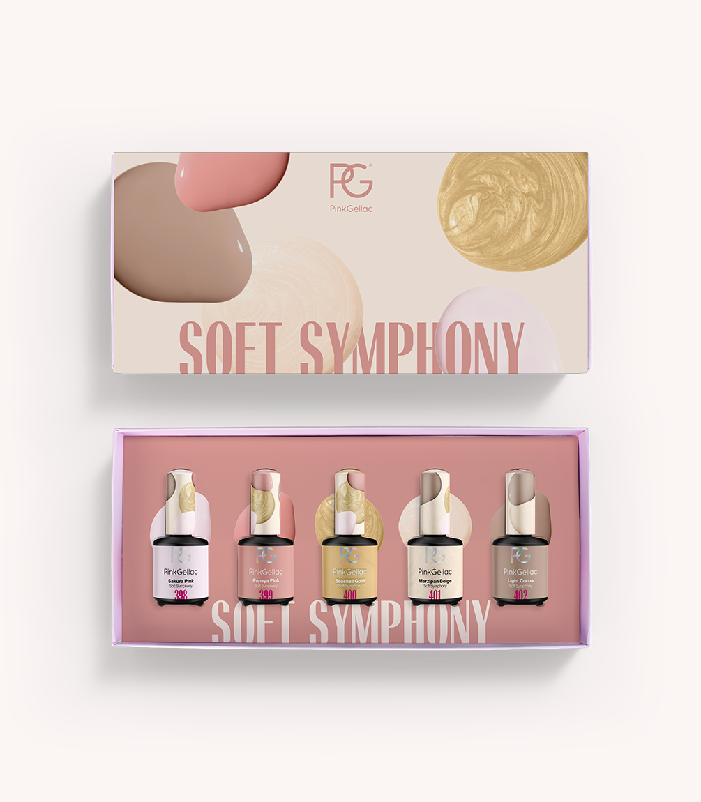 Five bottles of Pink Gellac nail polish in a box with the text "Soft Symphony" and abstract colors in the background.