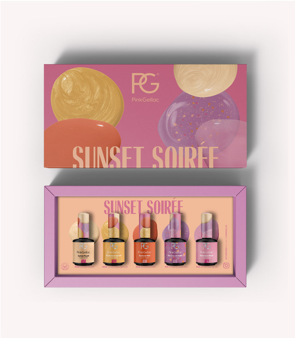 A Pink Gellac "Sunset Soirée" nail polish set with five bottles in different shades, presented in a colorful pink and purple box with gold-colored details.