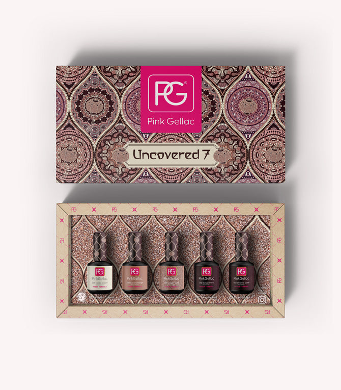 Decorative box with five bottles of nail polish from Pink Gellac, collection Uncovered 7, in different colors.