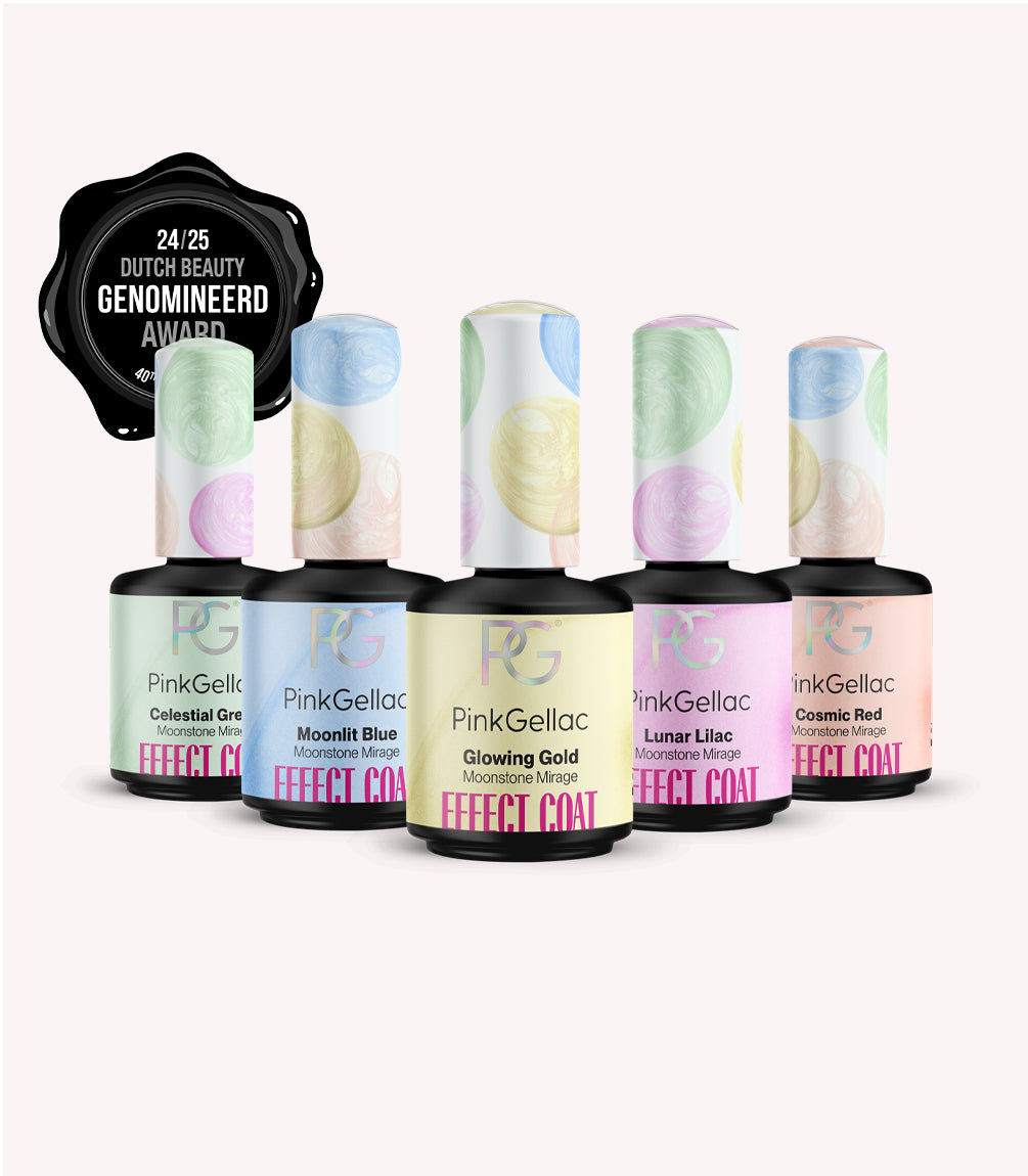 Five bottles of Pink Gellac nail polish in pastel colours with effect coat; 24/25 Dutch Beauty Award nominated logo.
