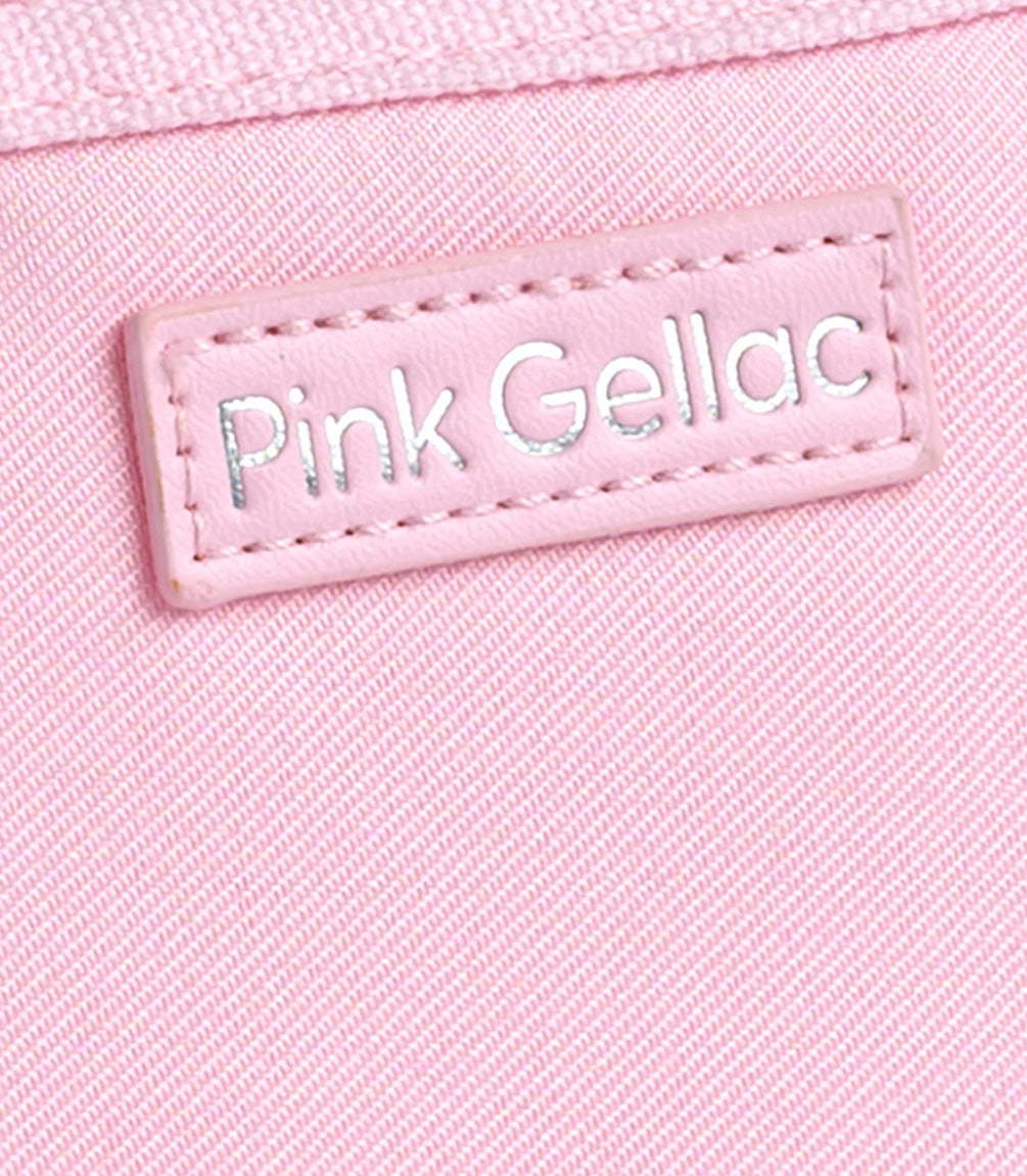 Pink fabric with label "Pink Gellac" in silver letters on it.