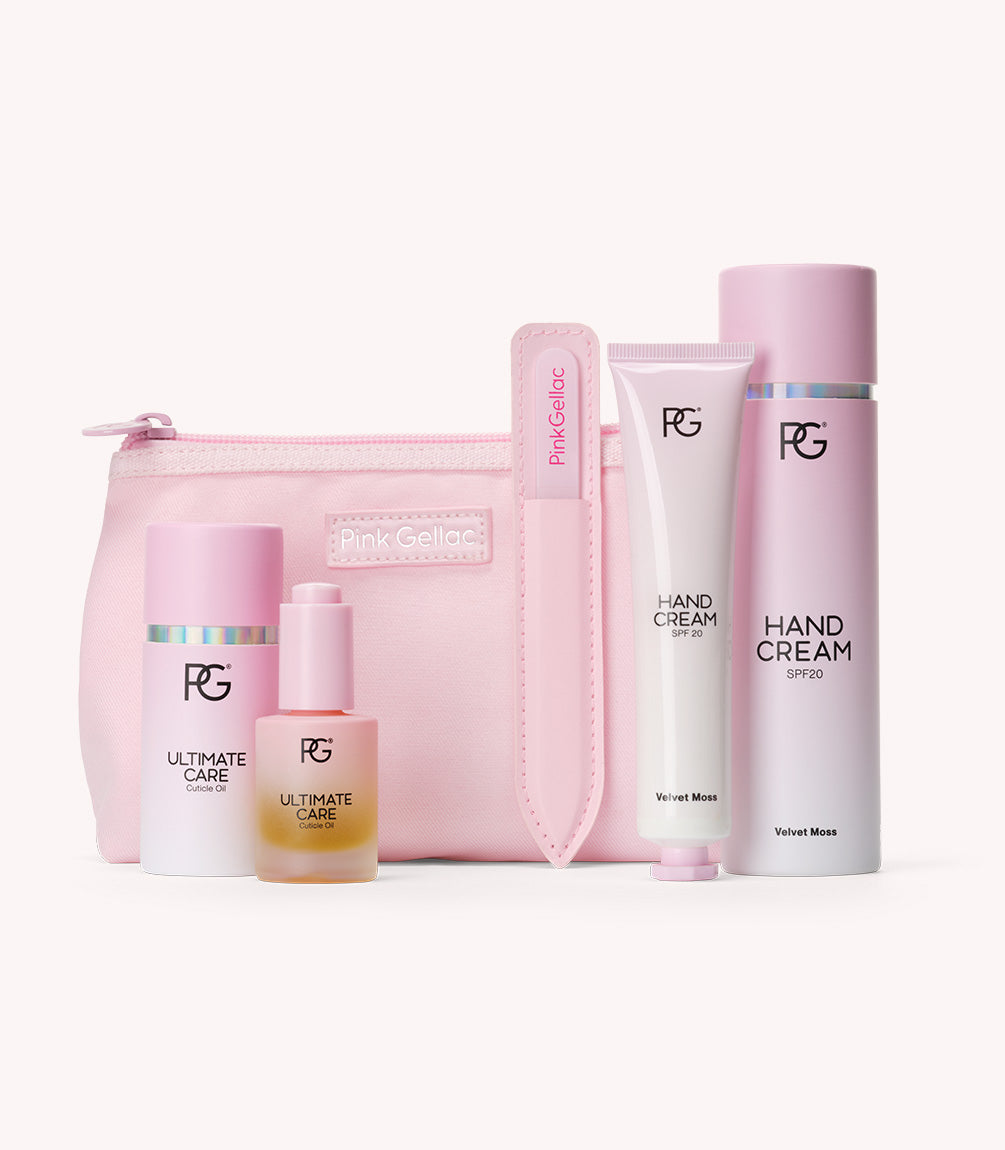 Pink case with hand creams, nail file and nail care products.