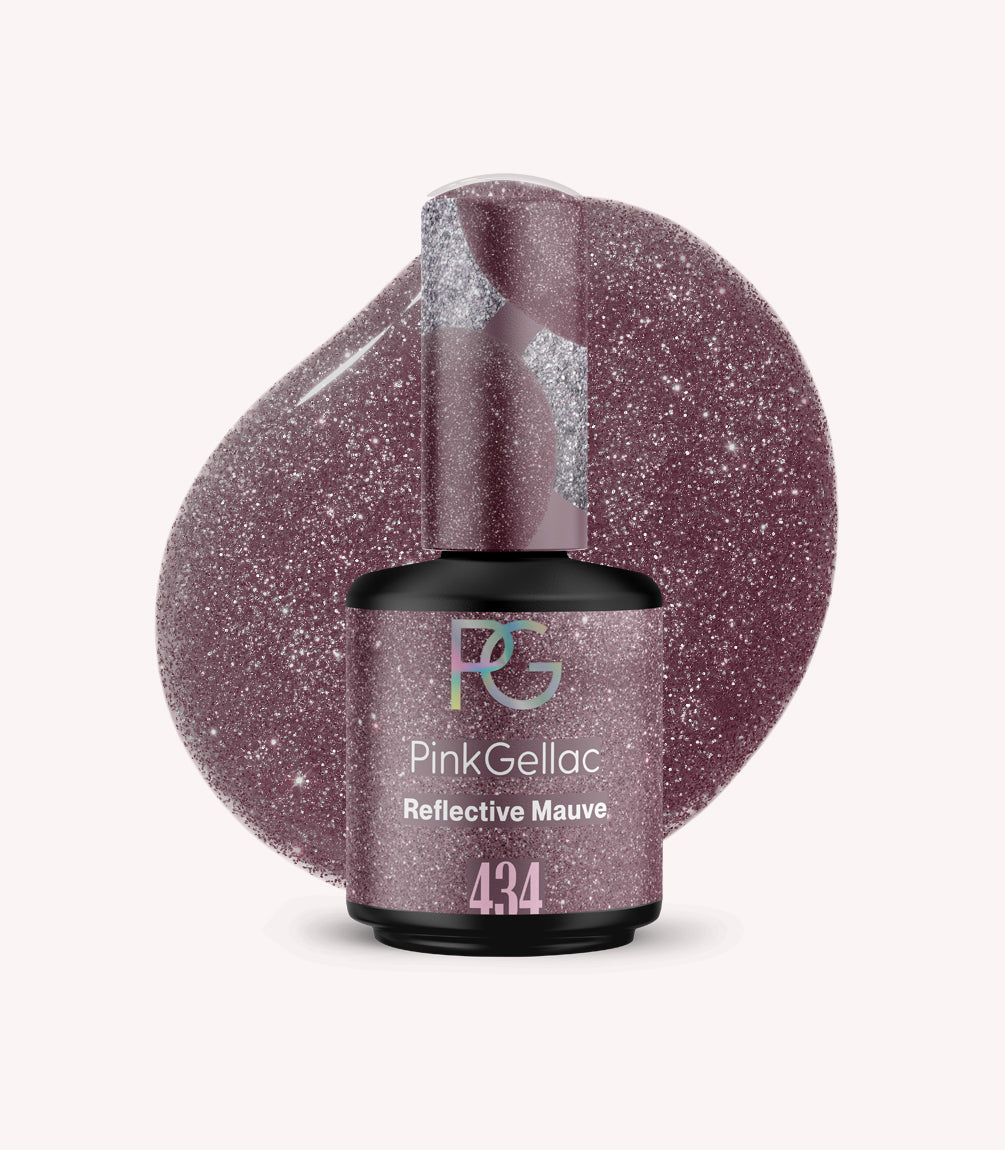 Bottle of Pink Gellac Reflective Mauve nail polish with a shimmering, mauve color and number 434, with a spread nail polish background.