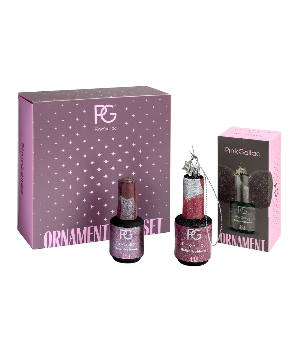 Gift set from Pink Gellac with nail polish bottles in sparkling boxes and ornaments.