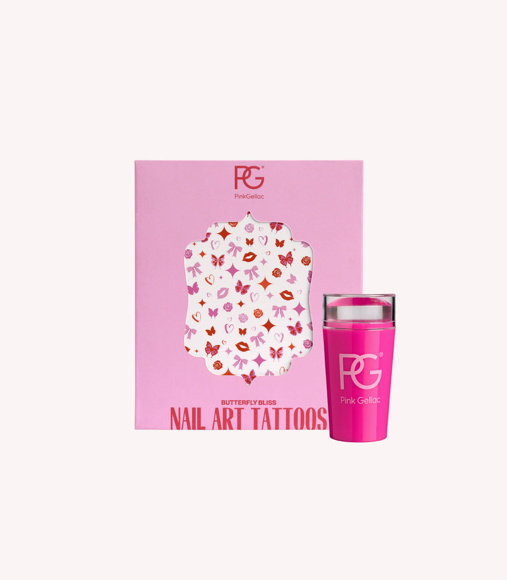 A pink package of "Pink Gellac" with "Butterfly Bliss Nail Art Tattoos" and a pinky matching stamp pad.
