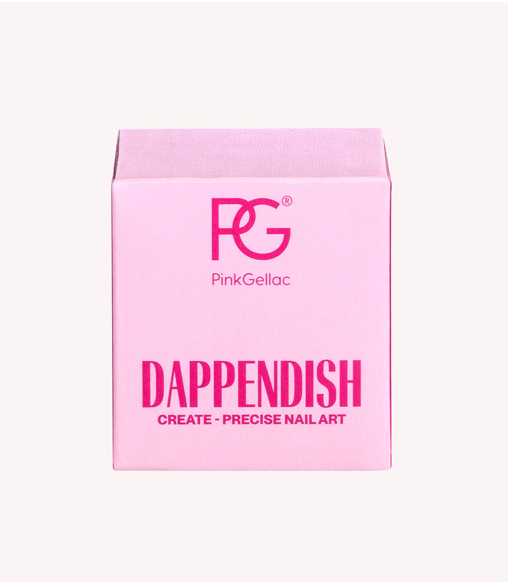 Pink box with the logo "PG" and text "PinkGellac", with "Dappendish Create - Precise Nail Art" underneath.