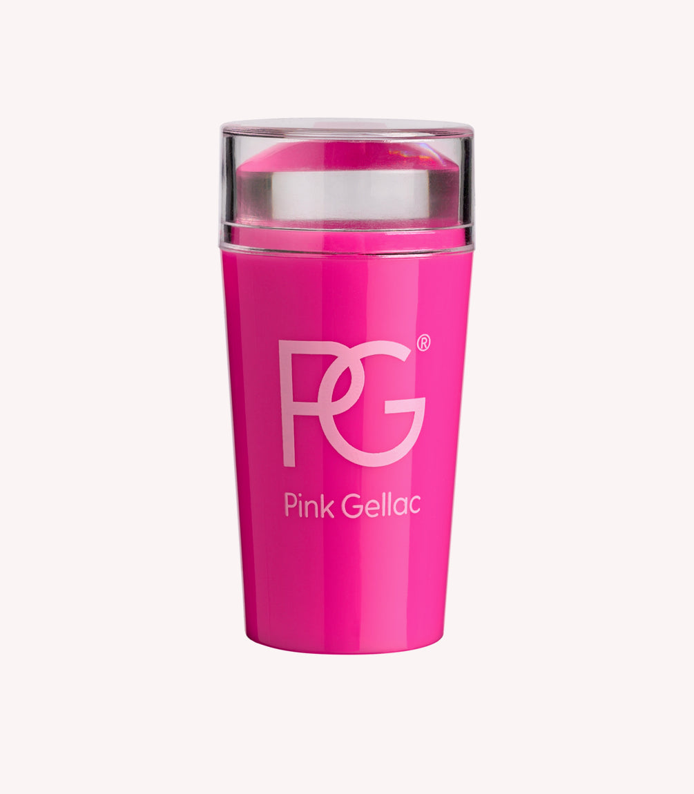 Pink nail stamp with transparent cap, featuring the logo and inscription "Pink Gellac".
