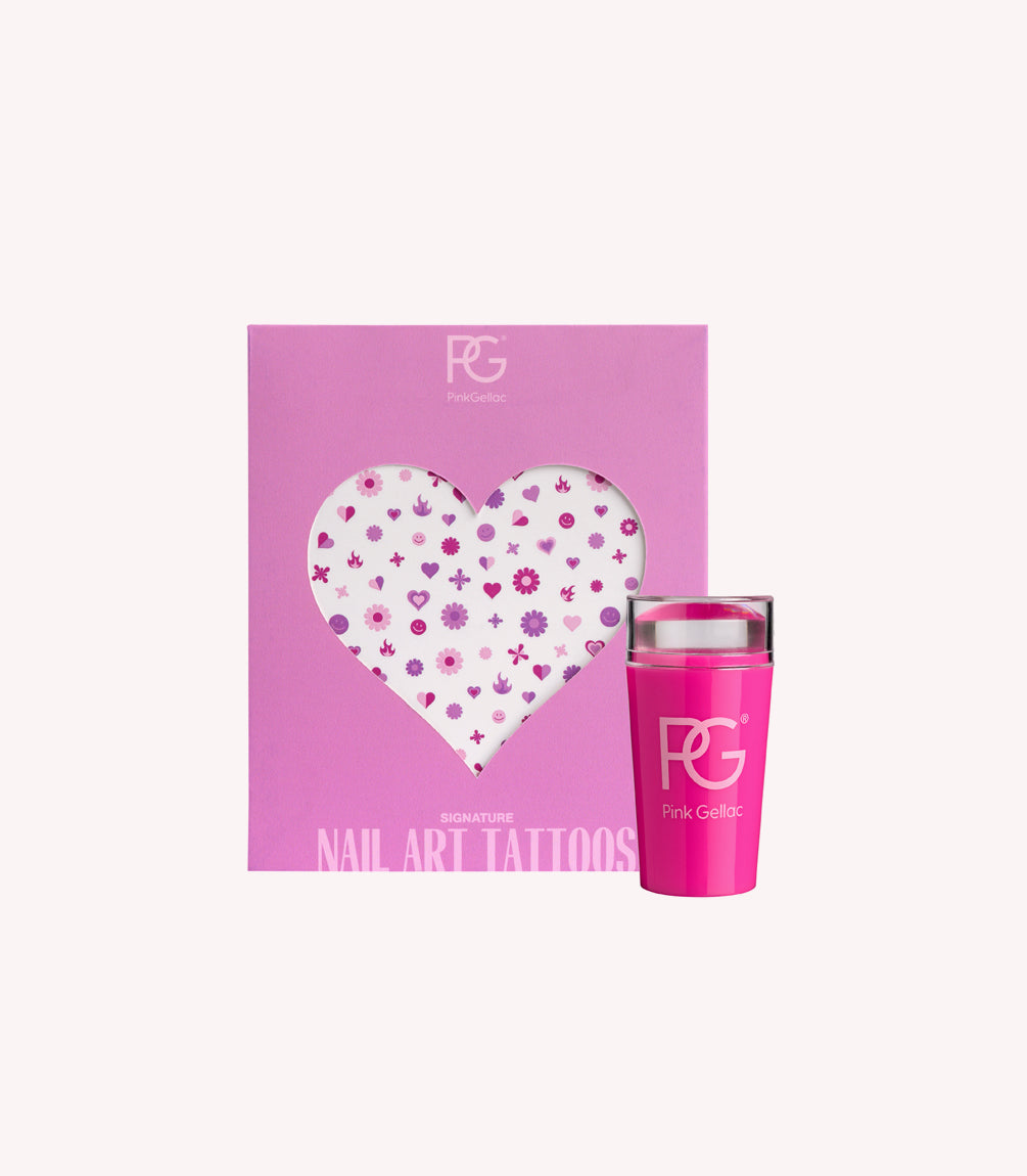 Packaging of Pink Gellac Nail Art Tattoos with a heart-shaped window with patterns and a pink nail polish stamp.