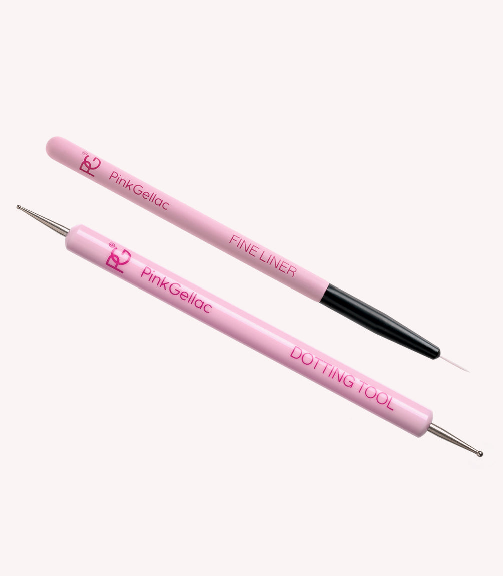 Two pink nail art tools from Pink Gellac, a fine liner and a dotting tool, on a white background.