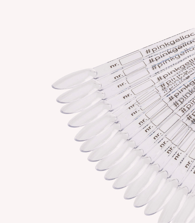 Transparent nail samples with numbers and text "#pinkgellac" on them.