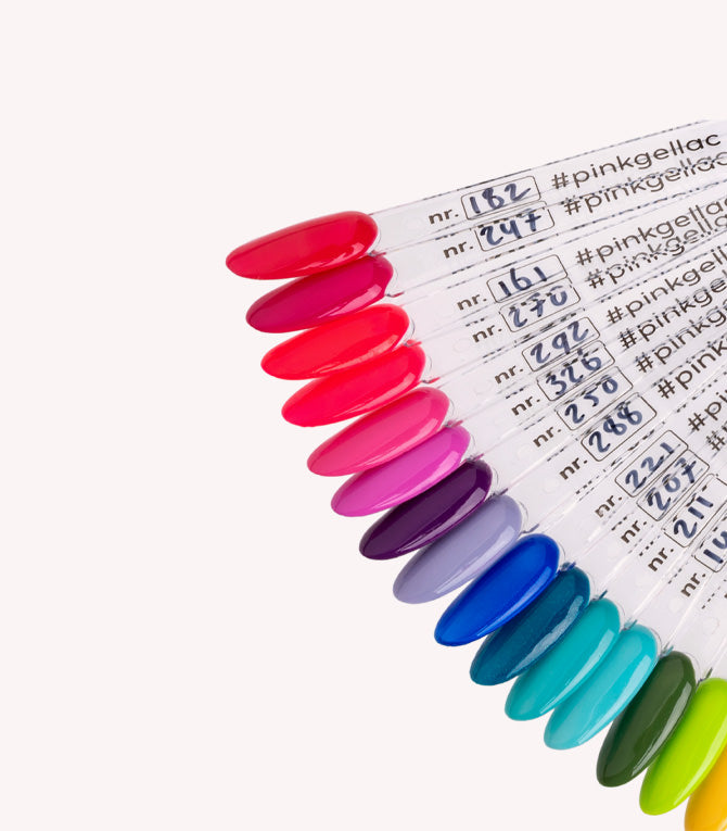 A range of nine gel nail polish colors in different shades, ranging from pink and purple to blue and green, with numbers and hashtags.