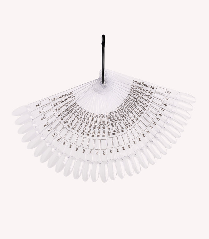 A fan of clear nail tips on a metal ring that says "#pinkgellac".