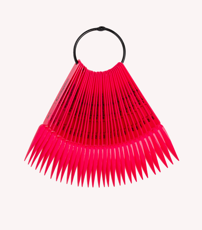 Bright pink fan-shaped set of color samples attached to a black ring.