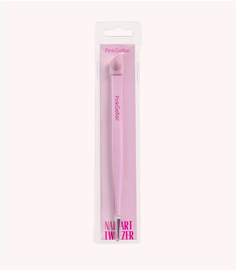 Pink nail art tweezers packed in transparent plastic packaging with the text "Pink Gellac" and "Nail Art Tweezer".