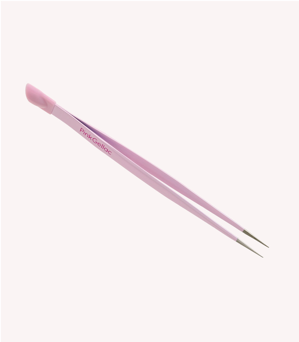Pink tweezers with a slanted end and the brand "Pink Gellac" printed on it.