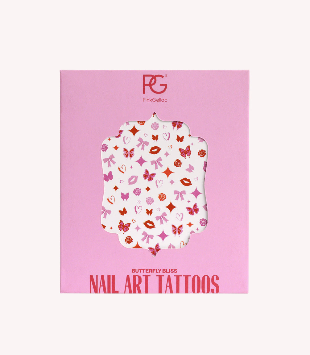 A pink packaging of Pink Gellac with the text "Butterfly Bliss Nail Art Tattoos" and colorful designs of butterflies, lips, roses and bows.