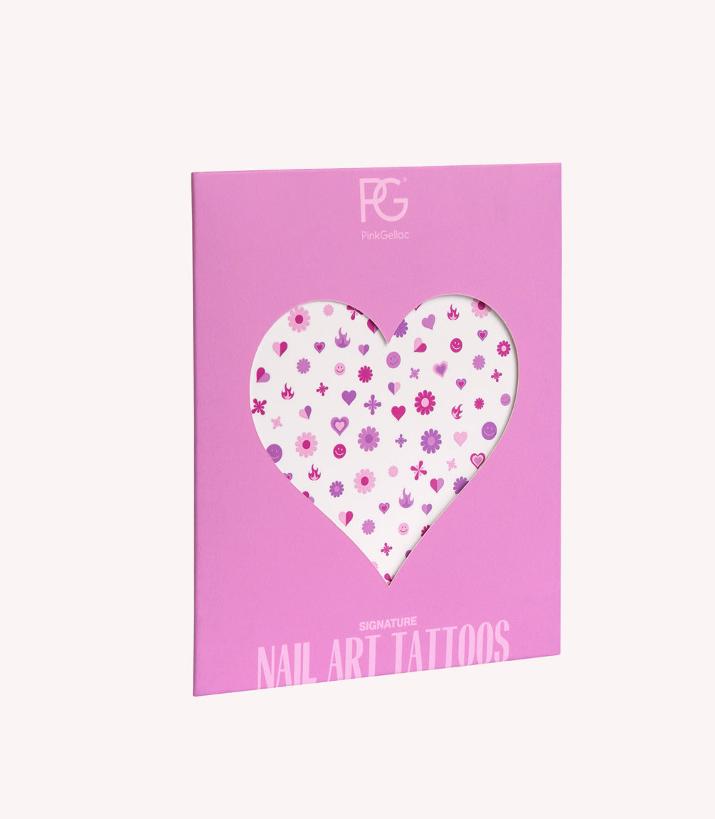 Pink packaging of Pink Gellac with a cut-out heart shape, revealing a sheet of colorful nail art tattoos.