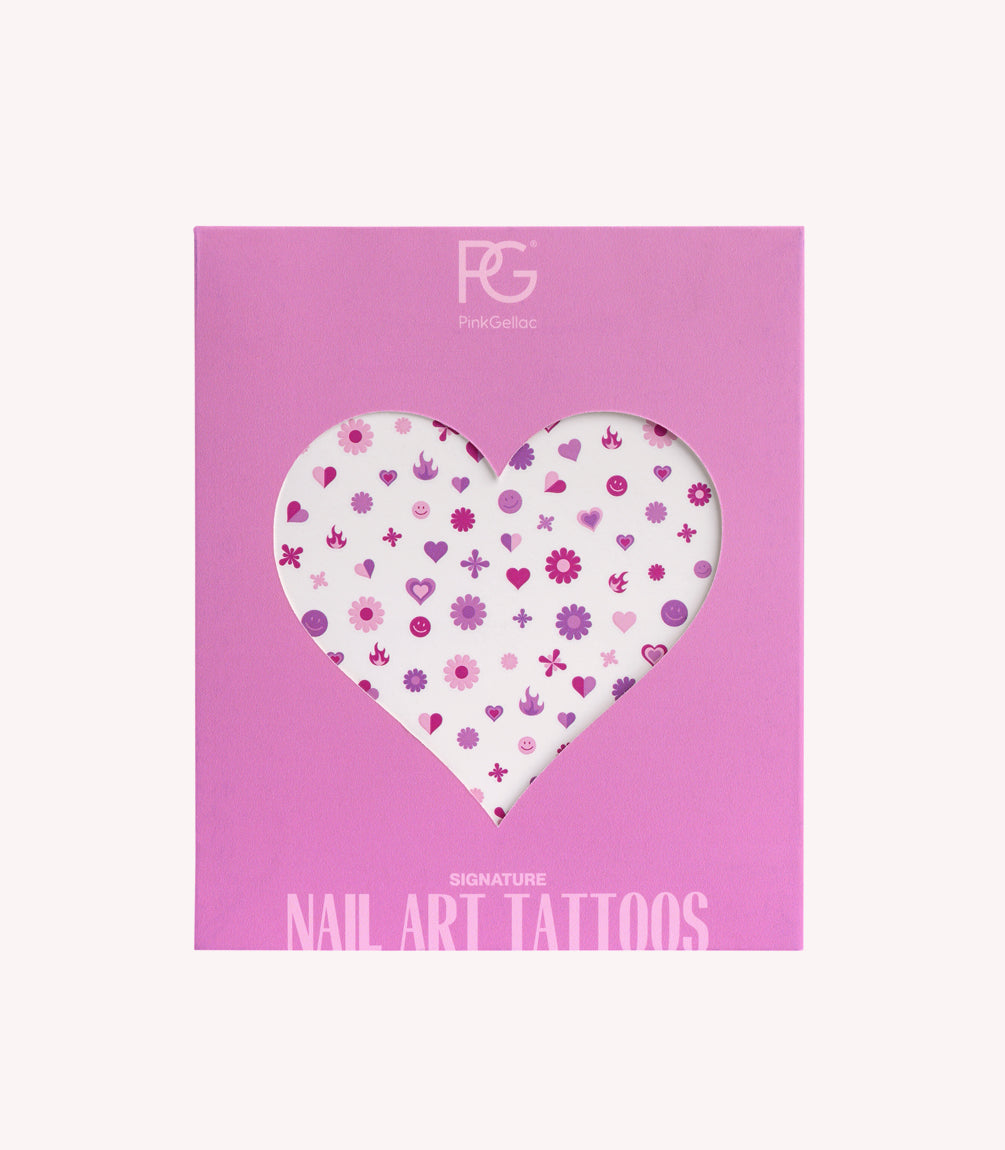Pink packaging from Pink Gellac with a heart-shaped cutout, in which various pink and purple nail art tattoo designs are visible.