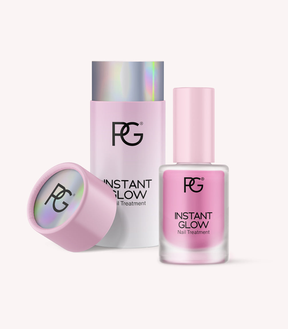Two nail treatment products with pink and silver accents, labeled as "Instant Glow Nail Treatment".