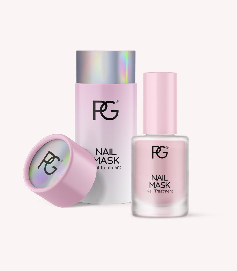 Two nail treatment bottles with a pastel pink and iridescent packaging.