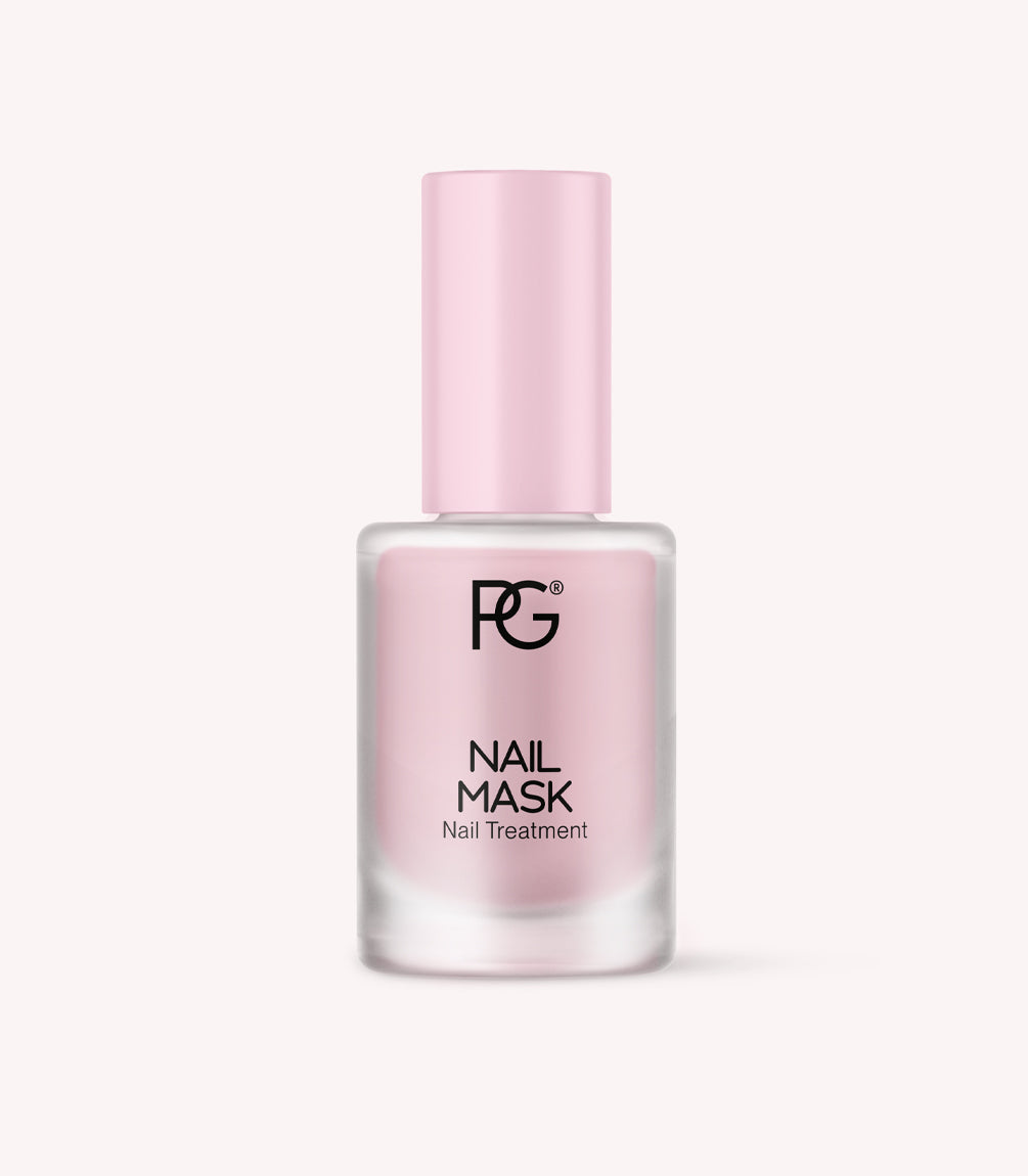 Pink bottle with "PC Nail Mask, Nail Treatment" print on a light background.