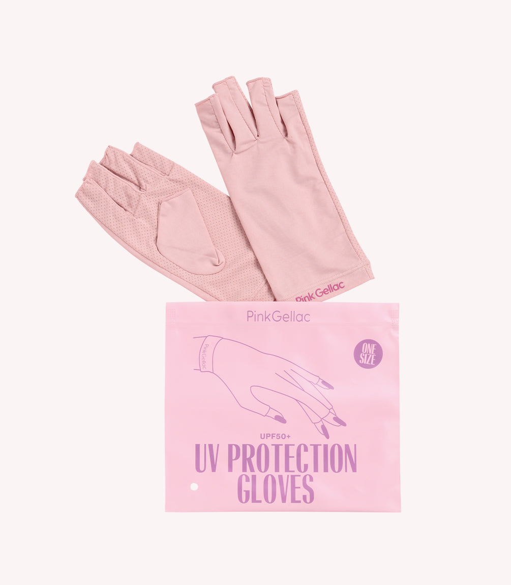Pink UV protective gloves with the imprint "Pink Gellac" next to a packaging with the text "UV Protection Gloves" and "UPF50+".