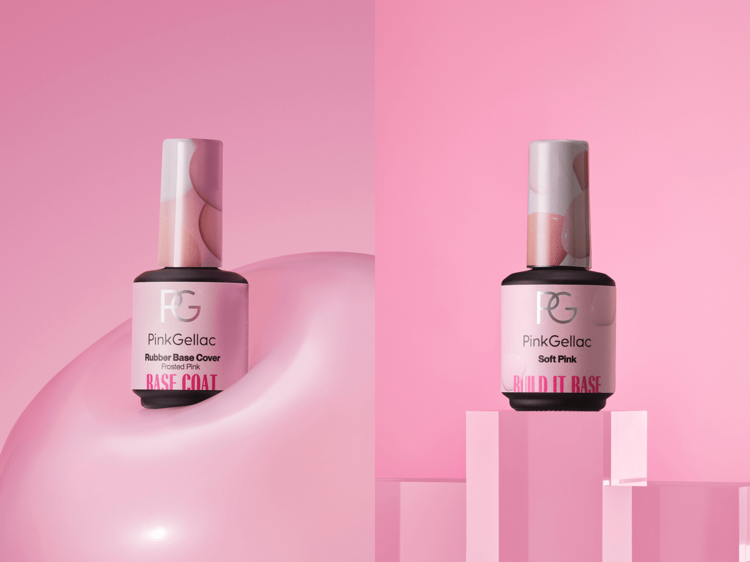 Two bottles of Pink Gellac nail polish on a pink background, one©©on a shiny surface and the other on transparent blocks.