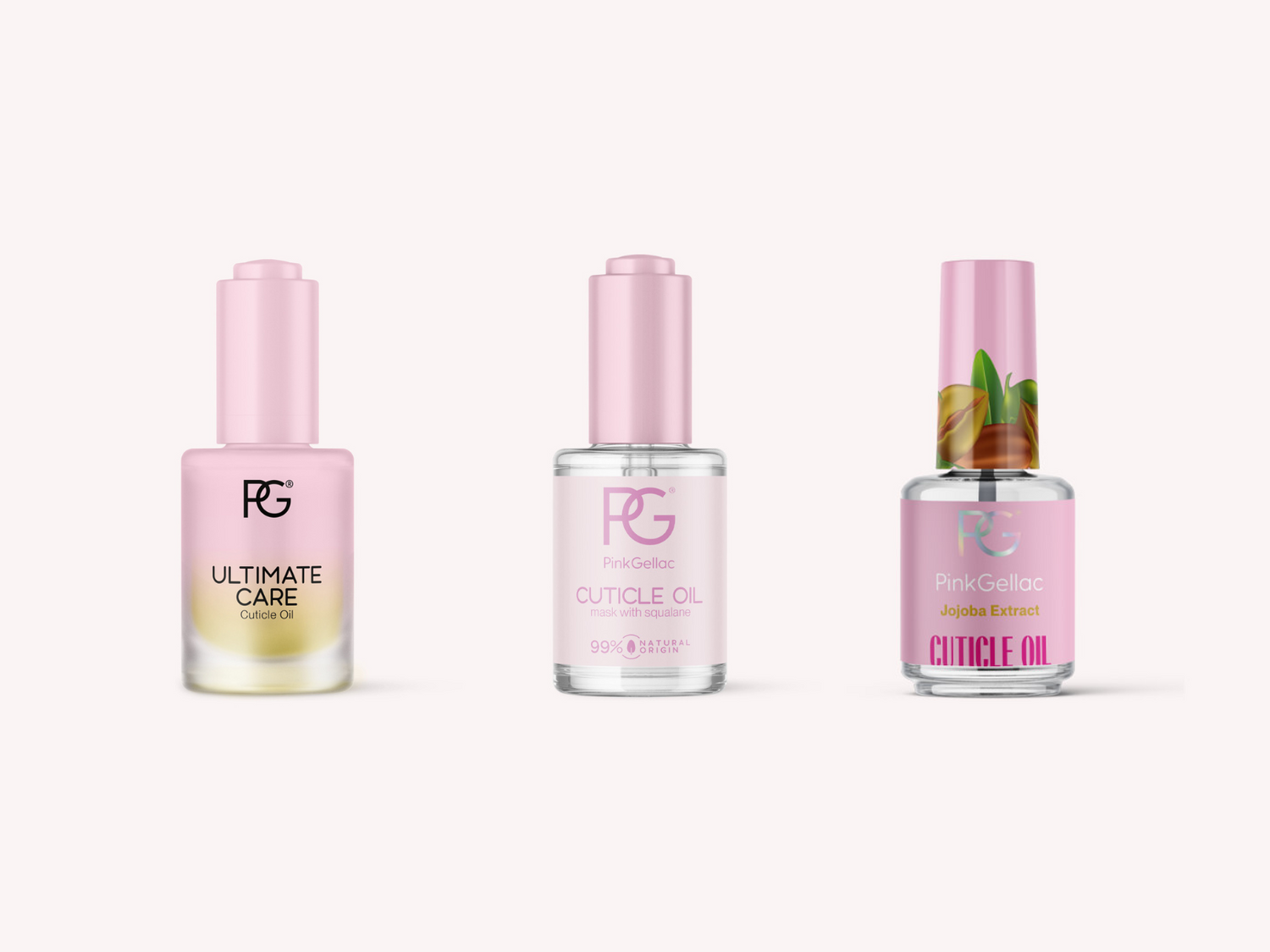Three bottles of cuticle oil next to each other with pink labels and different extracts.