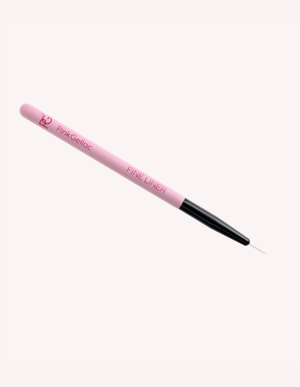 Pink and black nail art brush with fine point, on a light background.