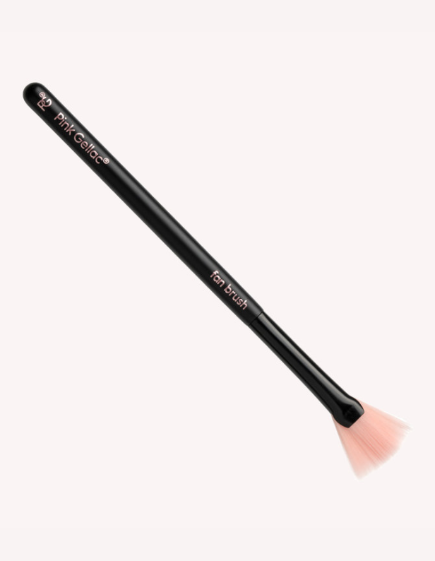Black fan-shaped brush with pink bristles and the brand name "Pink Gellac" on the handle.