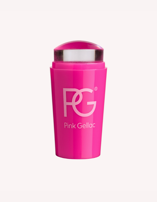 Pink nail polish stamp with "Pink Gellac" logo on it.