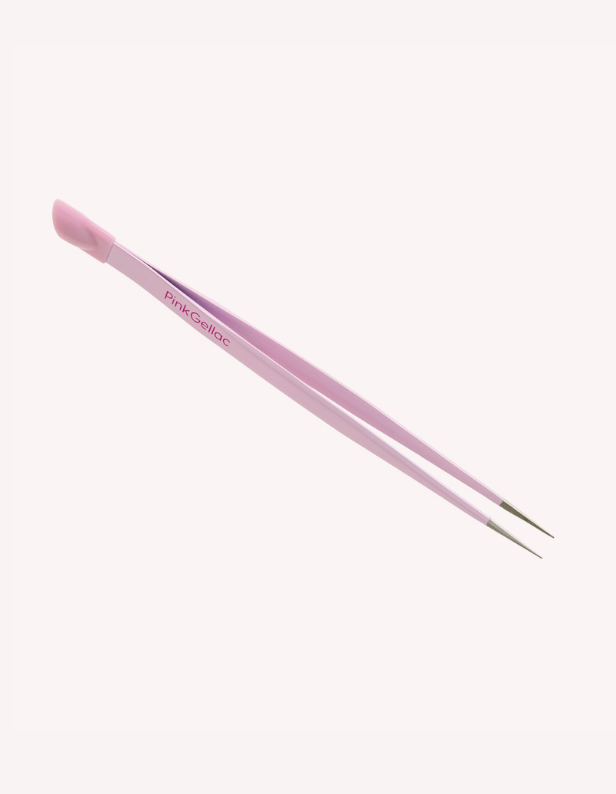 Pink tweezers with slanted tip on a white background.