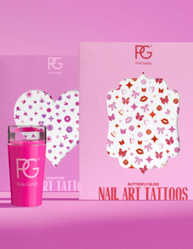 Pink background with a bright pink nail polish bottle from Pink Gellac and two packages for nail art tattoos in heart and butterfly shapes with colorful designs.