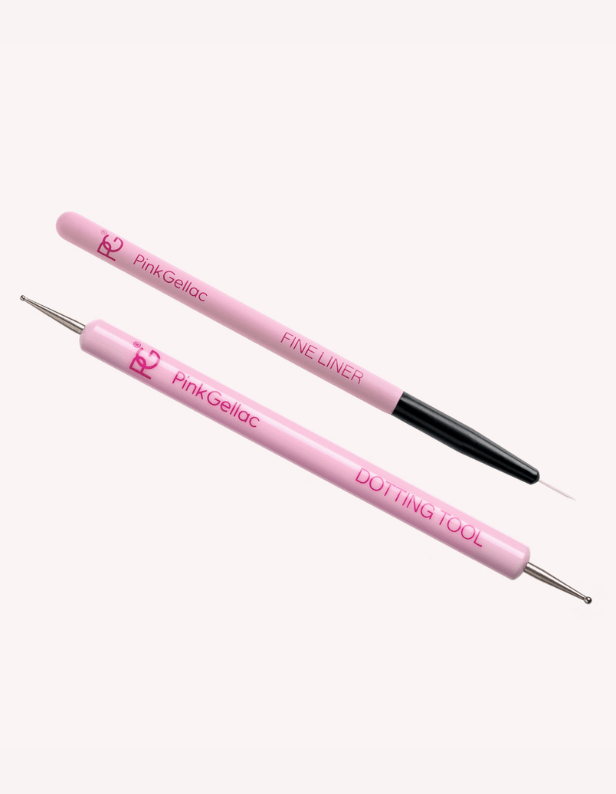 Two pink nail art tools, one with a fine liner tip and the other with a dotting tool, both marked with "Pink Gellac".