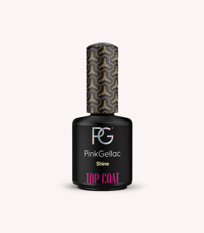 Black bottle of PinkGellac top coat with gold pattern on the cap and rainbow logo on a white background.
