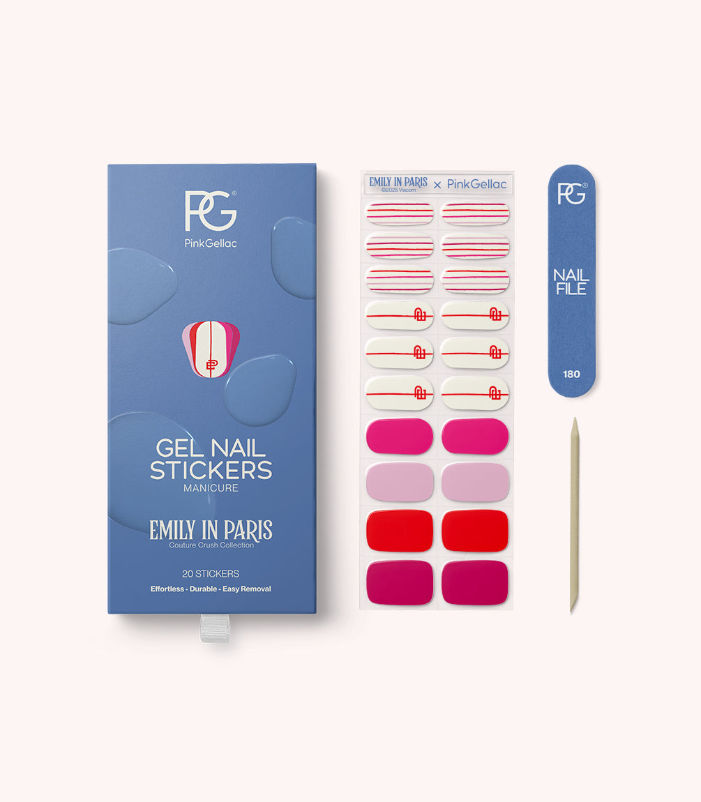 Pink Gellac 055 Emily Chic gel nail stickers with sheet, nail file and cuticle stick.