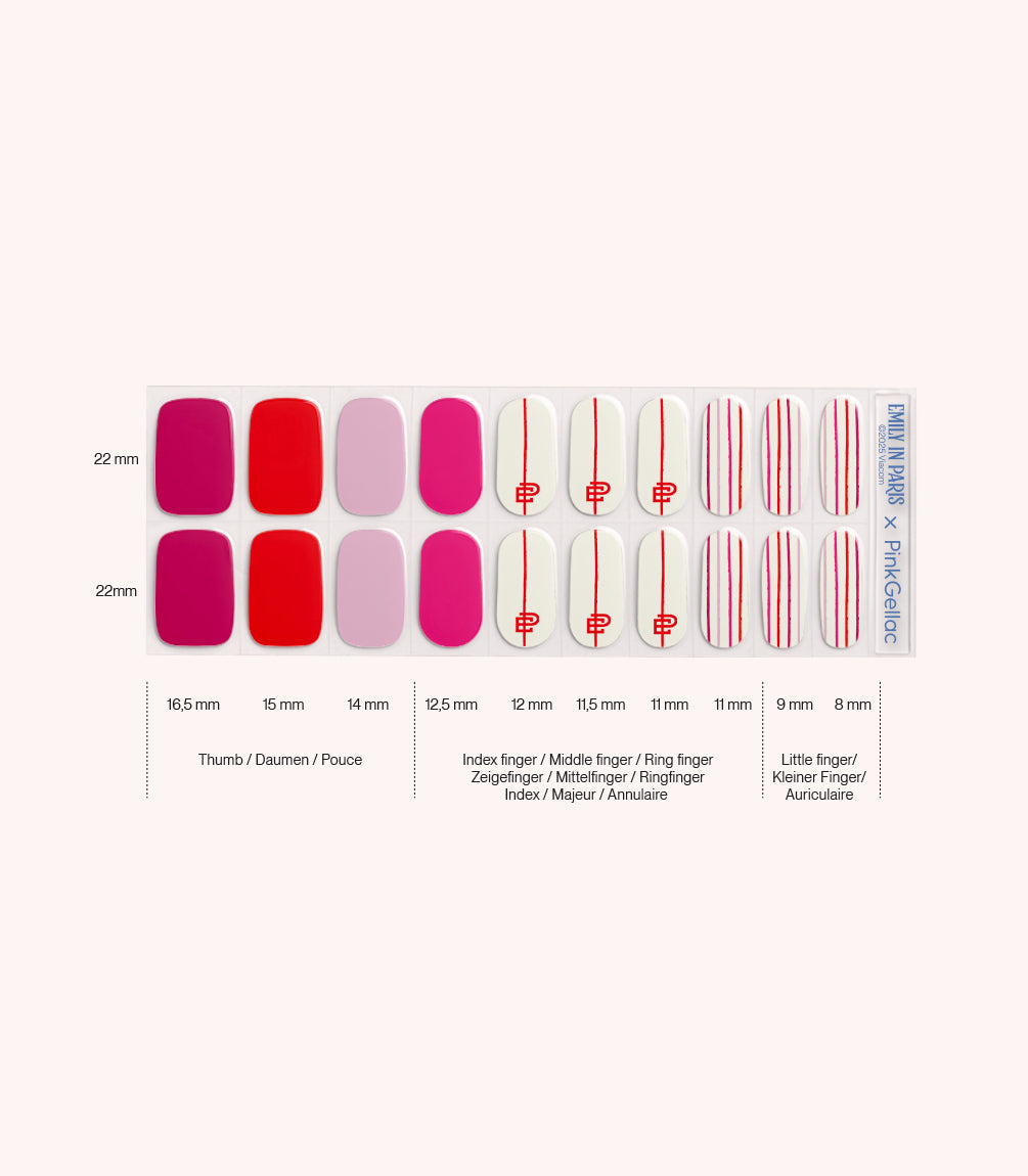 Pink Gellac 055 Emily Chic gel nail stickers size guide with measurements per nail.