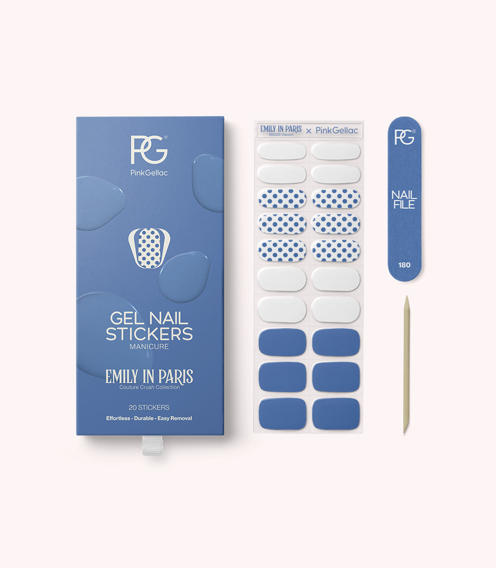 Pink Gellac 056 Parisian Polka Love gel nail stickers with sheet, nail file and cuticle stick.