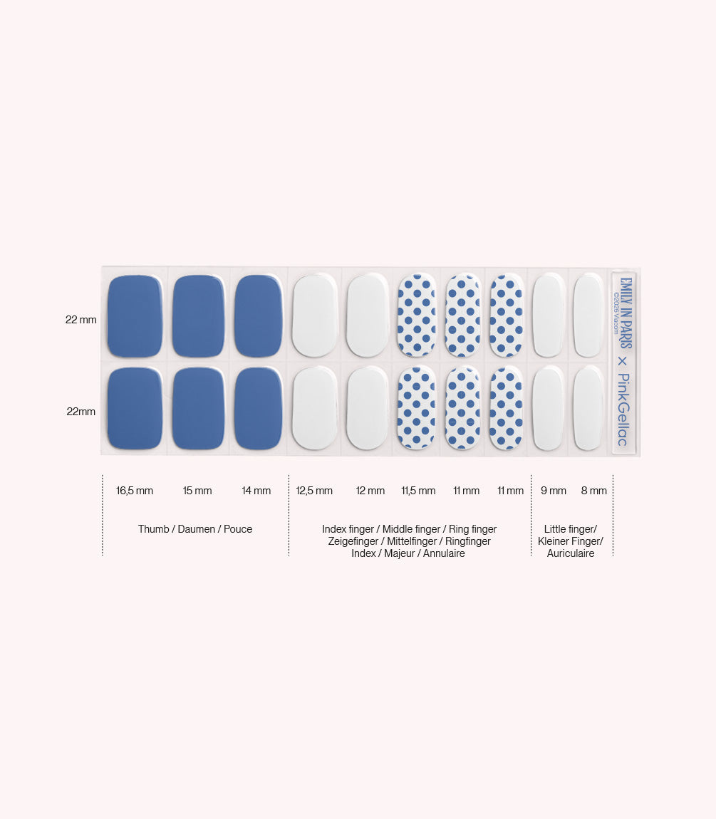 Pink Gellac 056 Parisian Polka Love gel nail stickers size guide with measurements per nail.