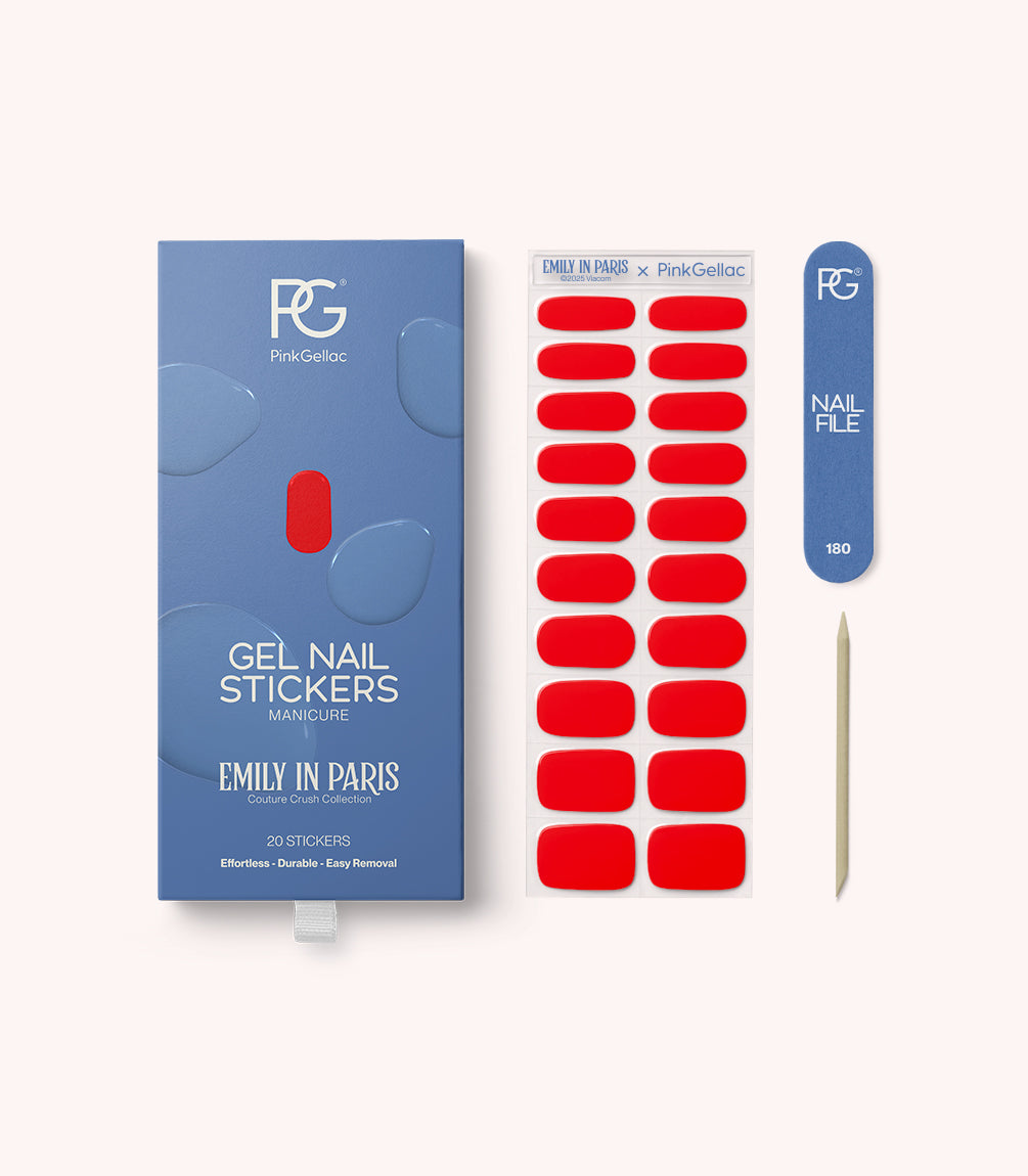 Pink Gellac 057 Bisou Red gel nail stickers with sheet, nail file and cuticle stick.