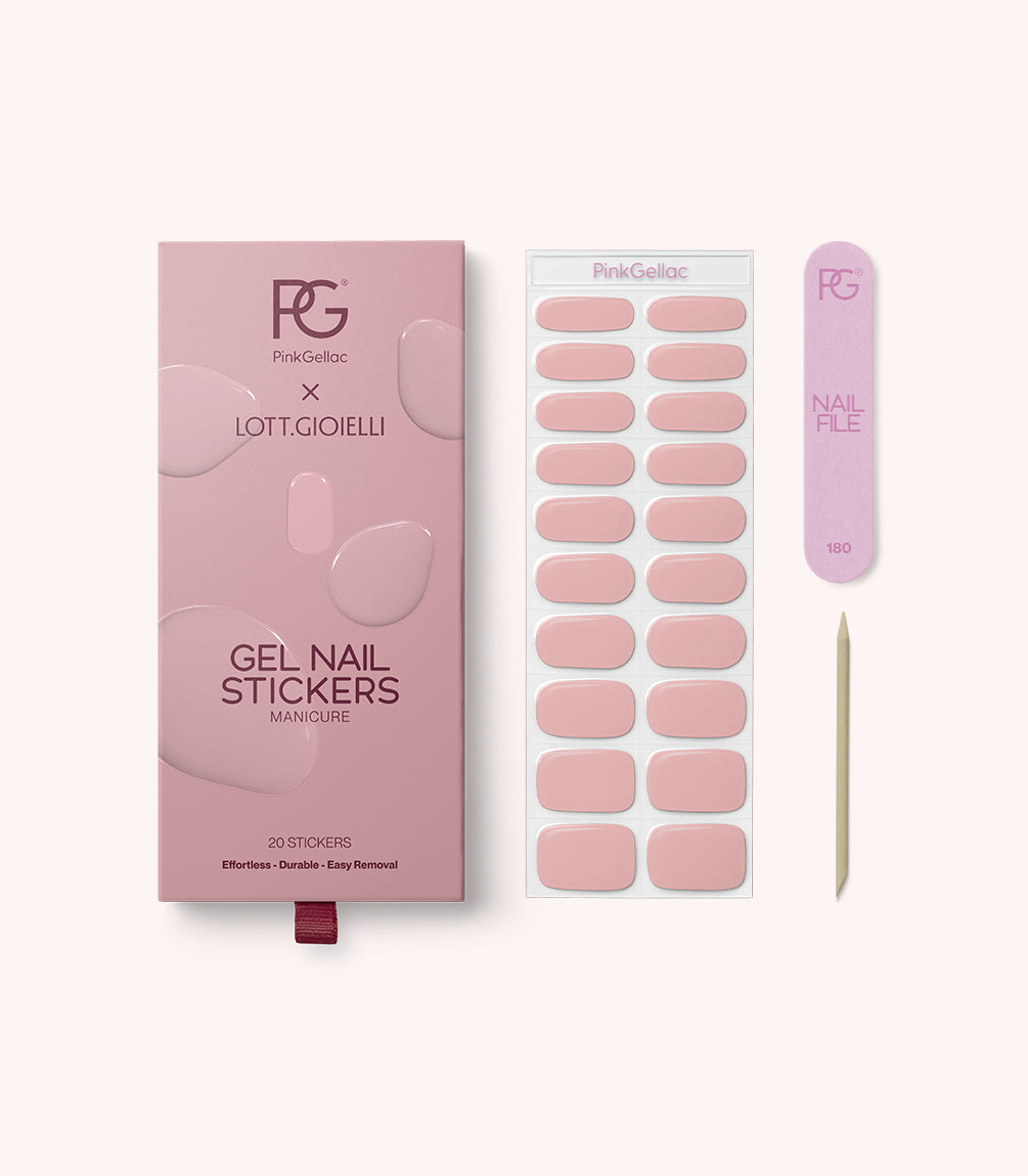 Pink Gellac 058 Bare Rose gel nail stickers with sheet, nail file and cuticle stick.