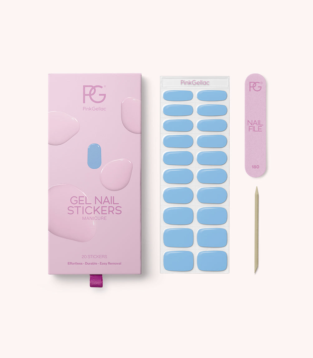 Pink Gellac 060 Ice Blue gel nail stickers with sheet, nail file and cuticle stick.