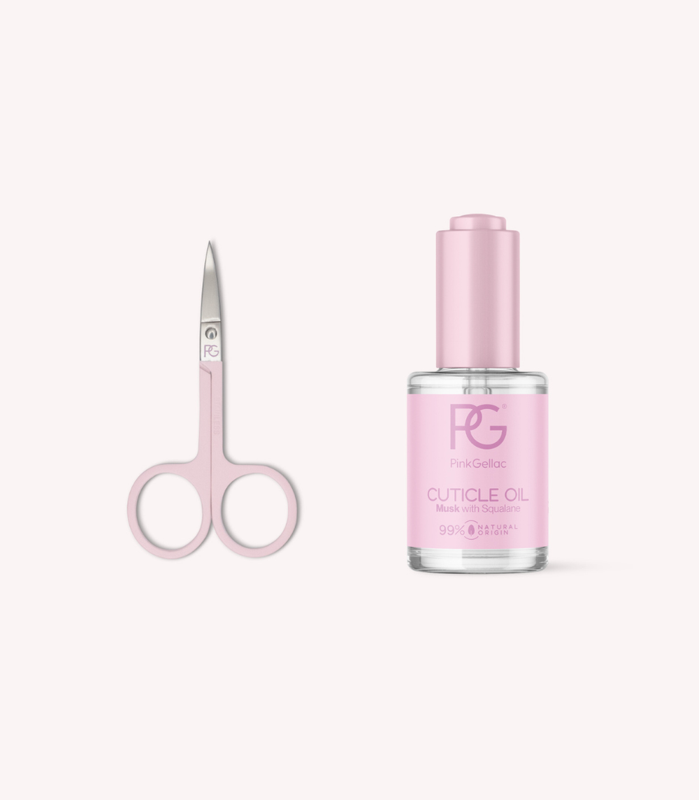 Pink Gellac cuticle scissors and cuticle oil.