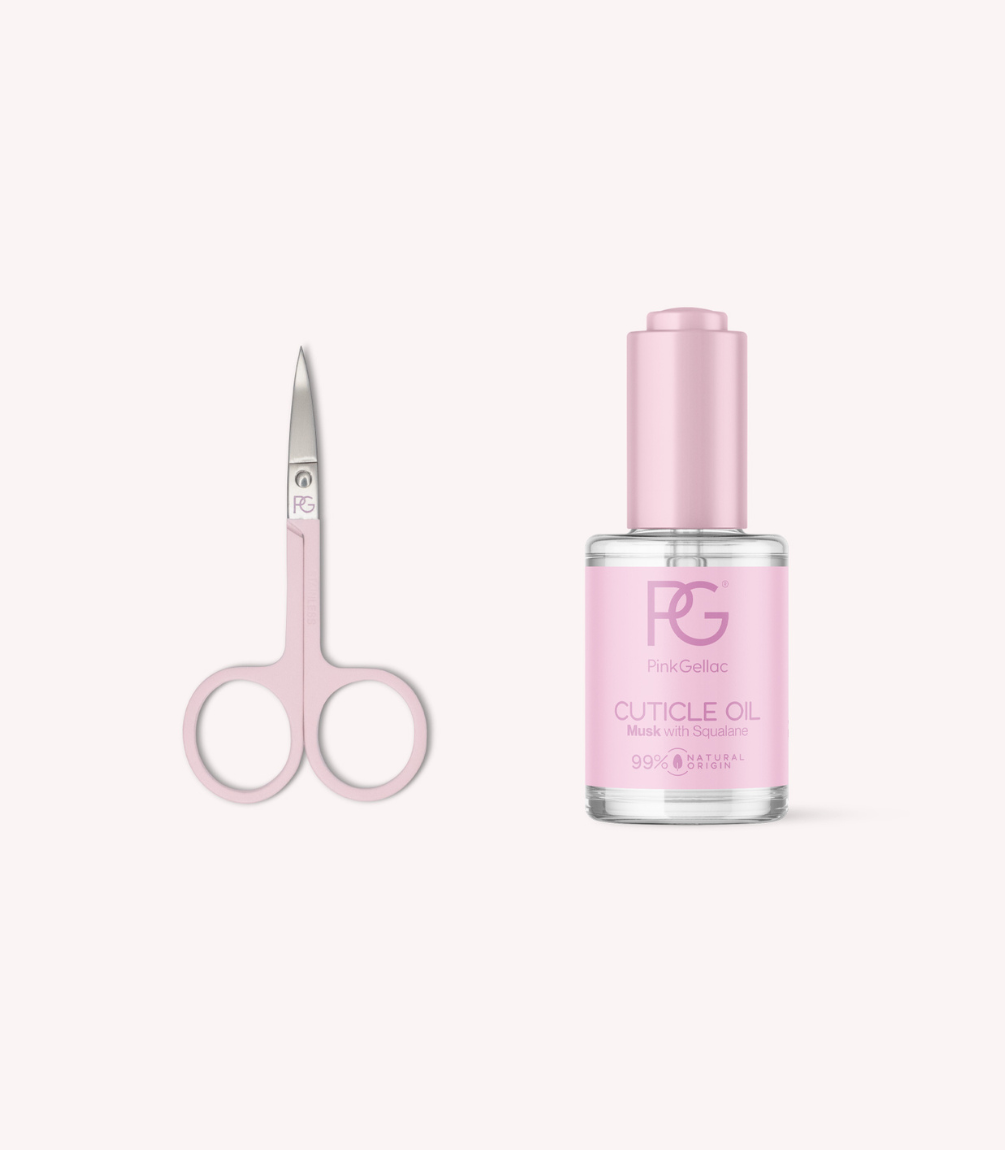 Pink Gellac cuticle scissors and cuticle oil.