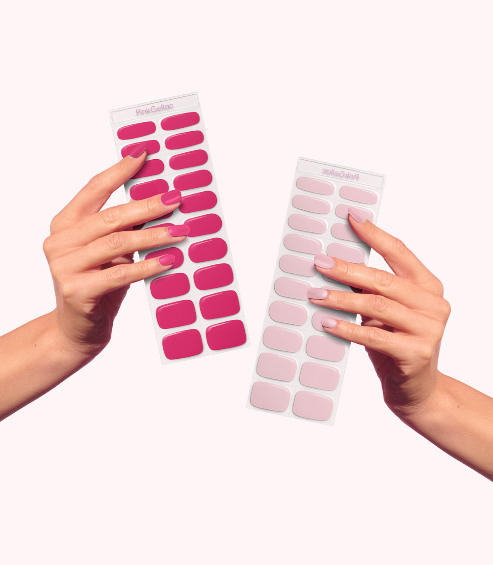 Hands holding Pink Gellac gel nail sticker sheets.