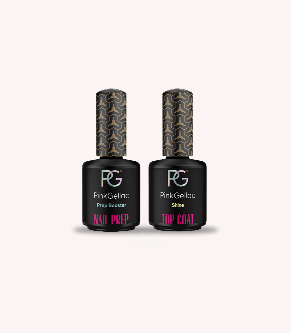 Pink Gellac Nail Prep and Top Coat gel polish bottles.