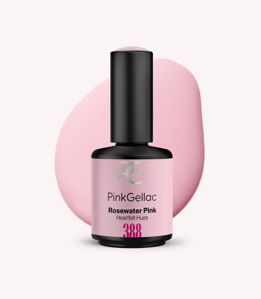 Pink Gellac 388 Rosewater Pink gel nail polish bottle.